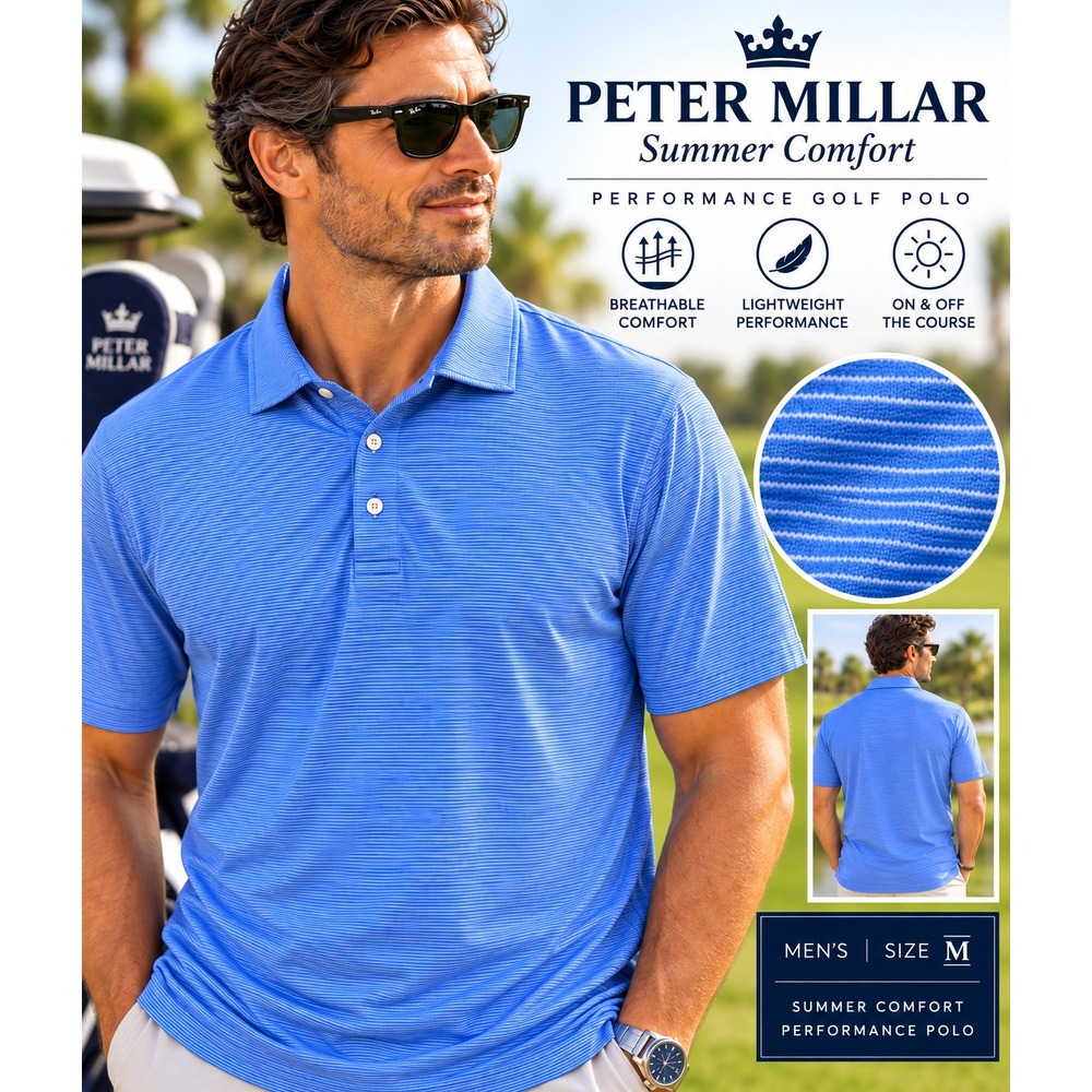 Peter Millar Men M Blue Striped Summer Comfort Performance Golf Polo Stretch SS